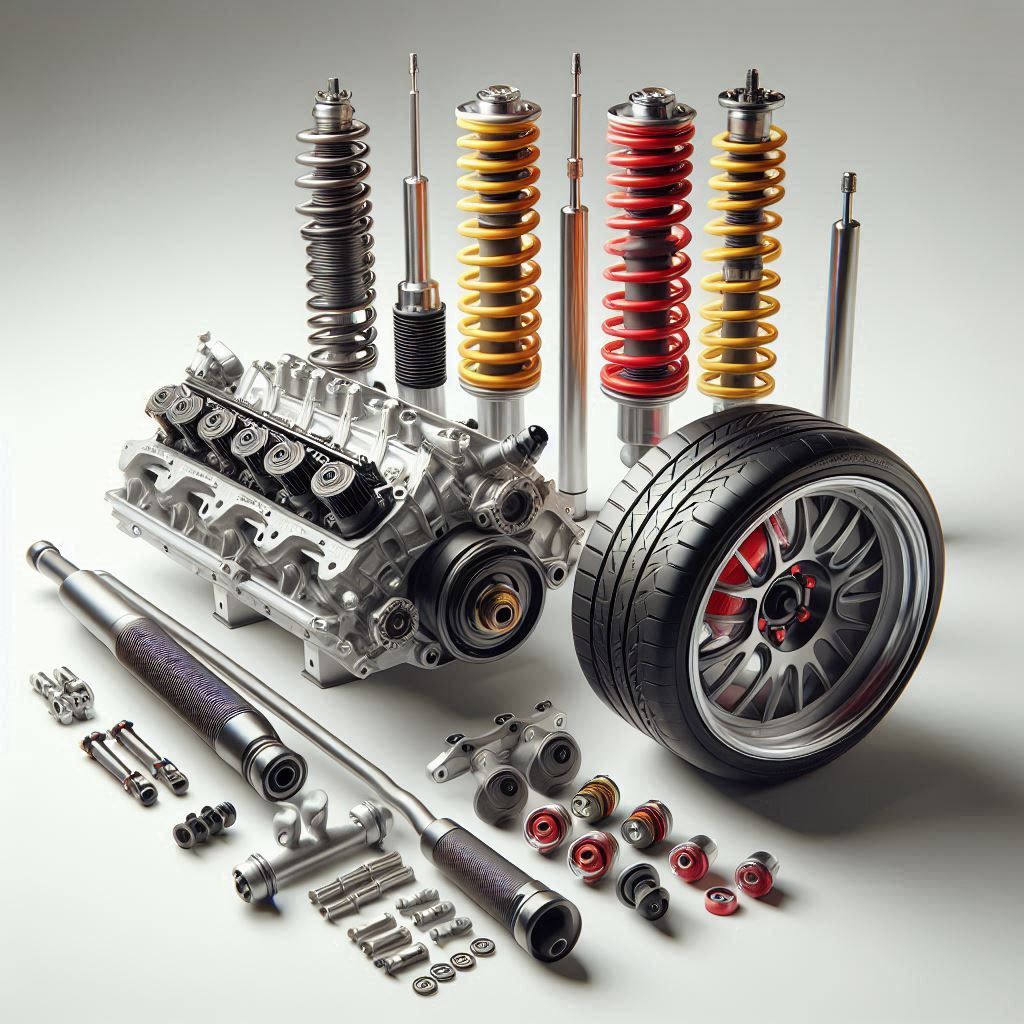 create a clean, photorealistic 3d studio render on a pure white background. show only four car parts